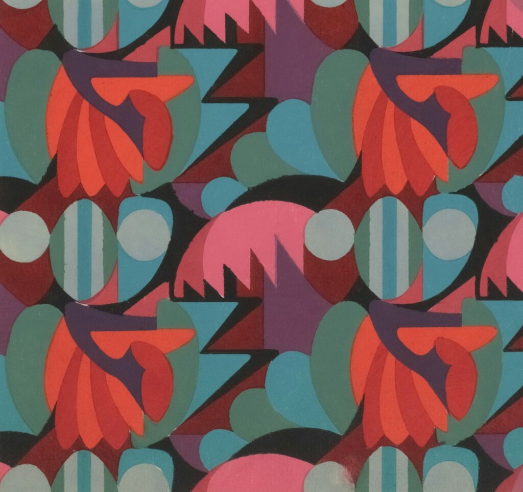 Colorful abstract pattern with floral and geometric elements.